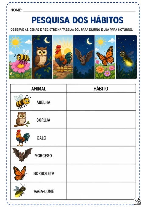 Atividade Pesquisa dos Hábitos para classificar abelha, coruja, galo, morcego, borboleta e vaga-lume como diurnos ou noturnos em uma tabela.