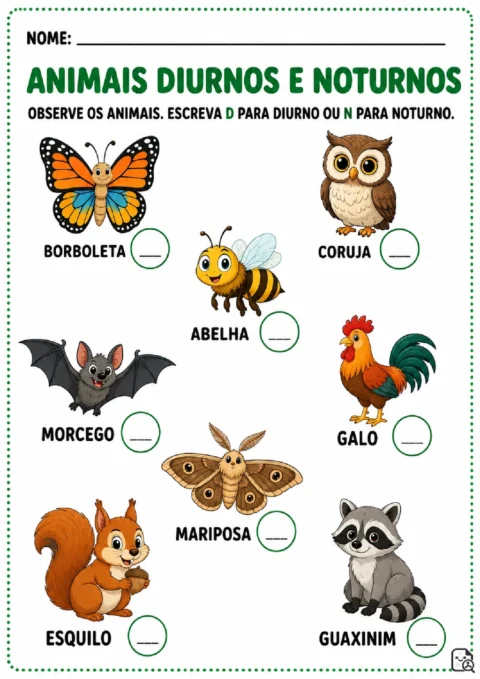 Atividade Animais Diurnos e Noturnos para escrever D ou N ao lado de borboleta, coruja, abelha, morcego, galo, mariposa, esquilo e guaxinim.