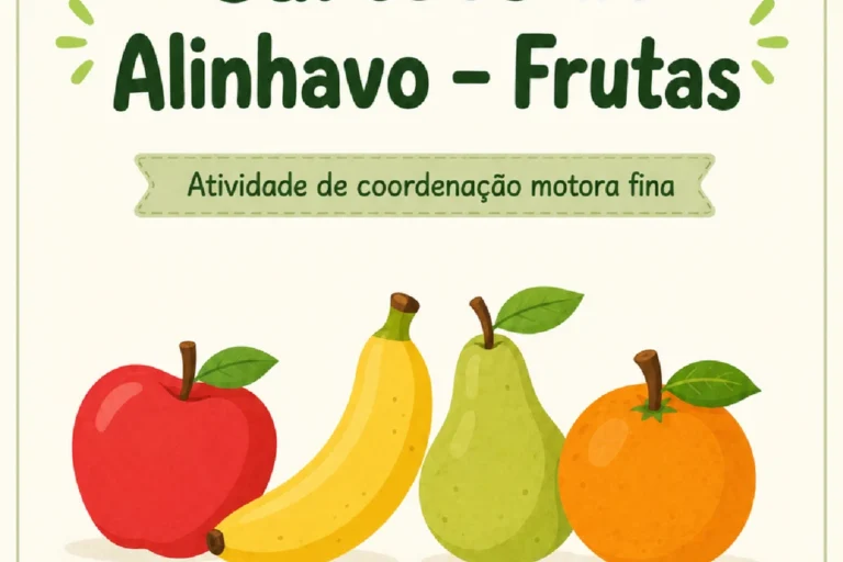 Capa da atividade Cartões de Alinhavo – Frutas, com ilustrações de maçã, banana, pera e laranja.