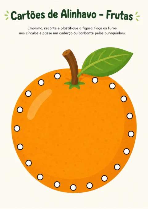 Atividade de alinhavo com laranja e furos circulares distribuídos ao redor do contorno.