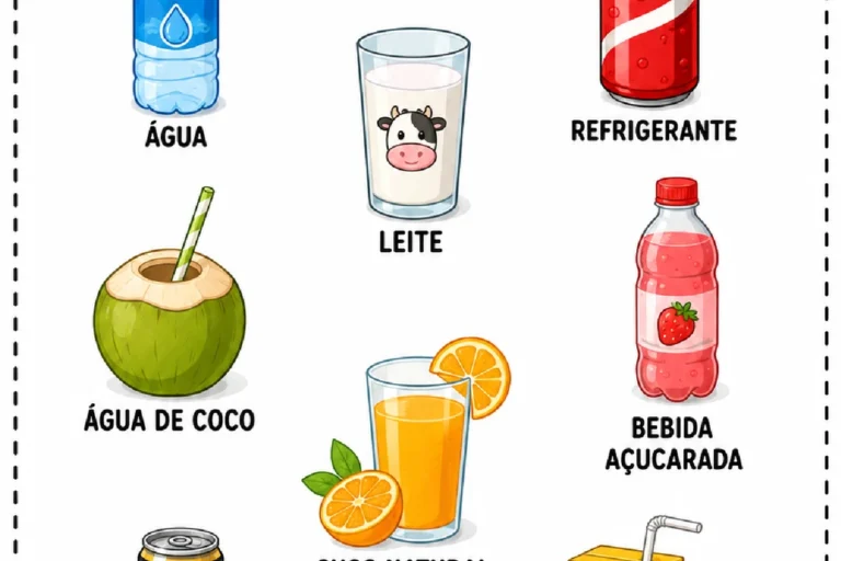 Atividade para circular as bebidas saudáveis, como água, leite e suco natural, entre opções industrializadas.