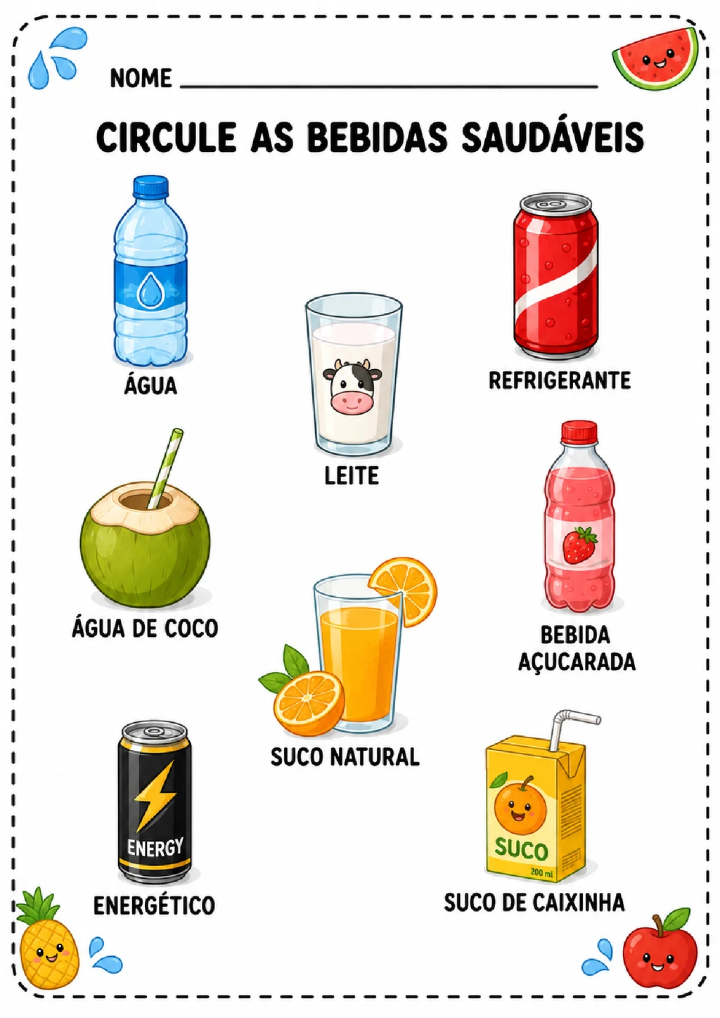 Atividades com bebidas saudáveis para imprimir
