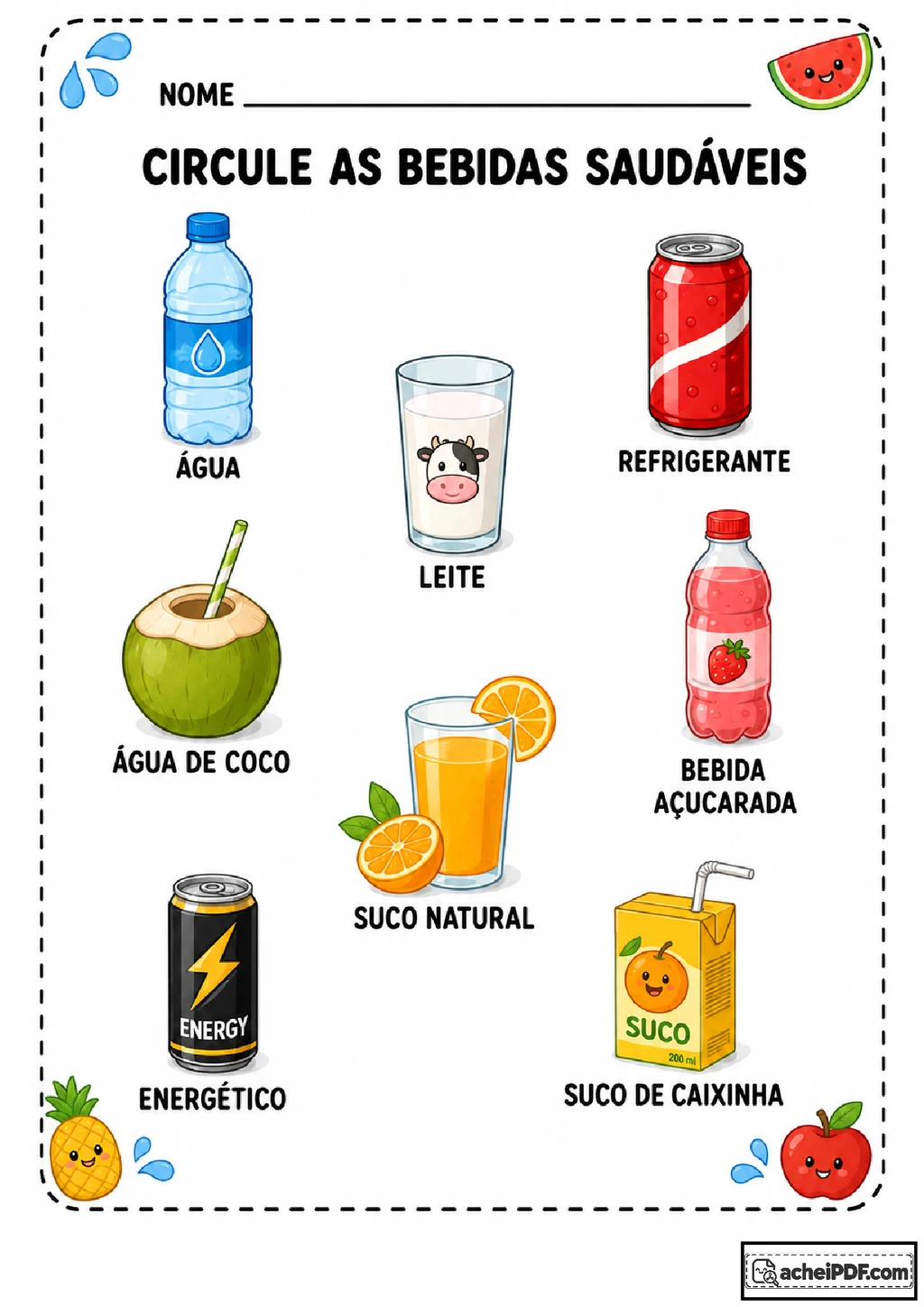 Atividades com bebidas saudáveis para imprimir