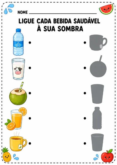Atividade para ligar água, leite, água de coco, suco e chá às respectivas sombras.