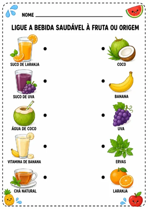 Atividade para ligar suco de laranja, suco de uva, água de coco, vitamina e chá às respectivas origens.