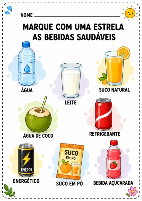 Atividade para marcar com uma estrela as bebidas saudáveis, como água, leite, suco natural e água de coco, entre várias bebidas.