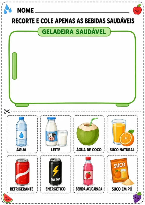 Atividade para recortar bebidas saudáveis e colá-las na geladeira.
