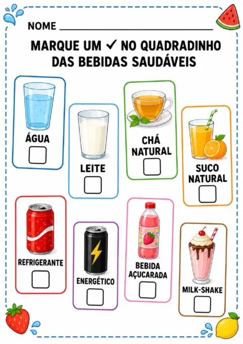 Atividade para marcar as bebidas saudáveis entre água, leite, chá, suco e bebidas industrializadas.
