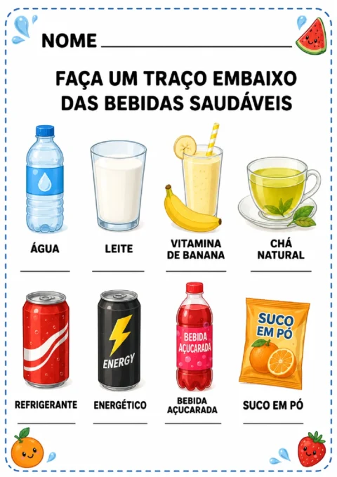 Atividade para traçar linhas sob as bebidas saudáveis, como água, leite, vitamina de banana e chá natural.