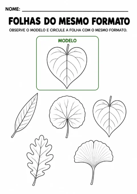 Atividade para circular, entre cinco desenhos, a folha que tem o mesmo formato do modelo indicado.
