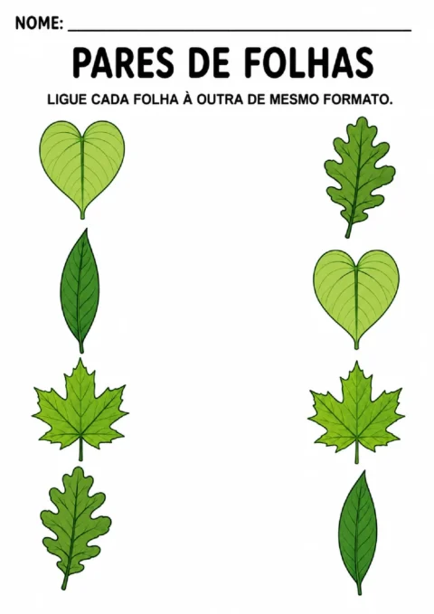 Atividade de ligar pares de folhas iguais, incluindo formatos de coração, alongado, de bordo e de carvalho.