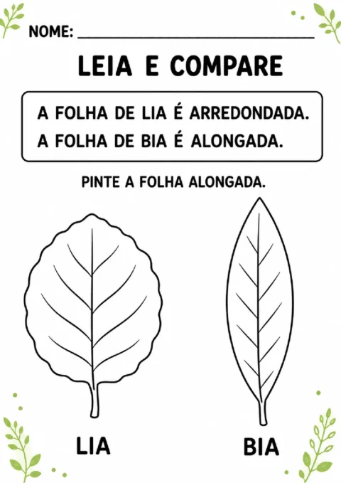 Atividade de leitura e comparação para pintar a folha alongada de Bia.