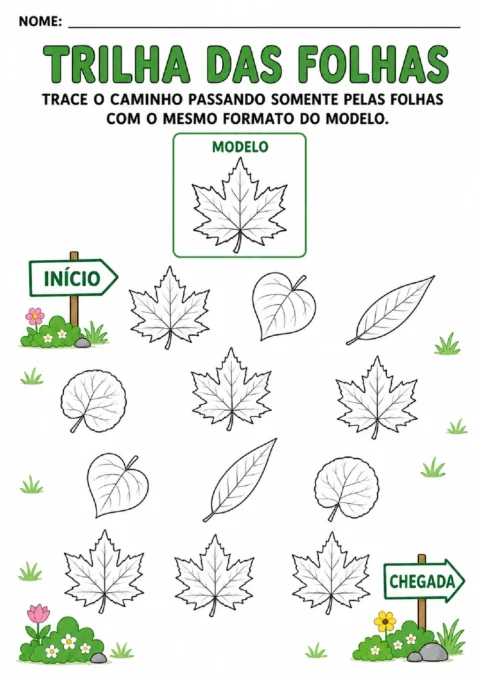 Trilha das folhas para traçar o caminho entre o início e a chegada usando apenas folhas iguais ao modelo.