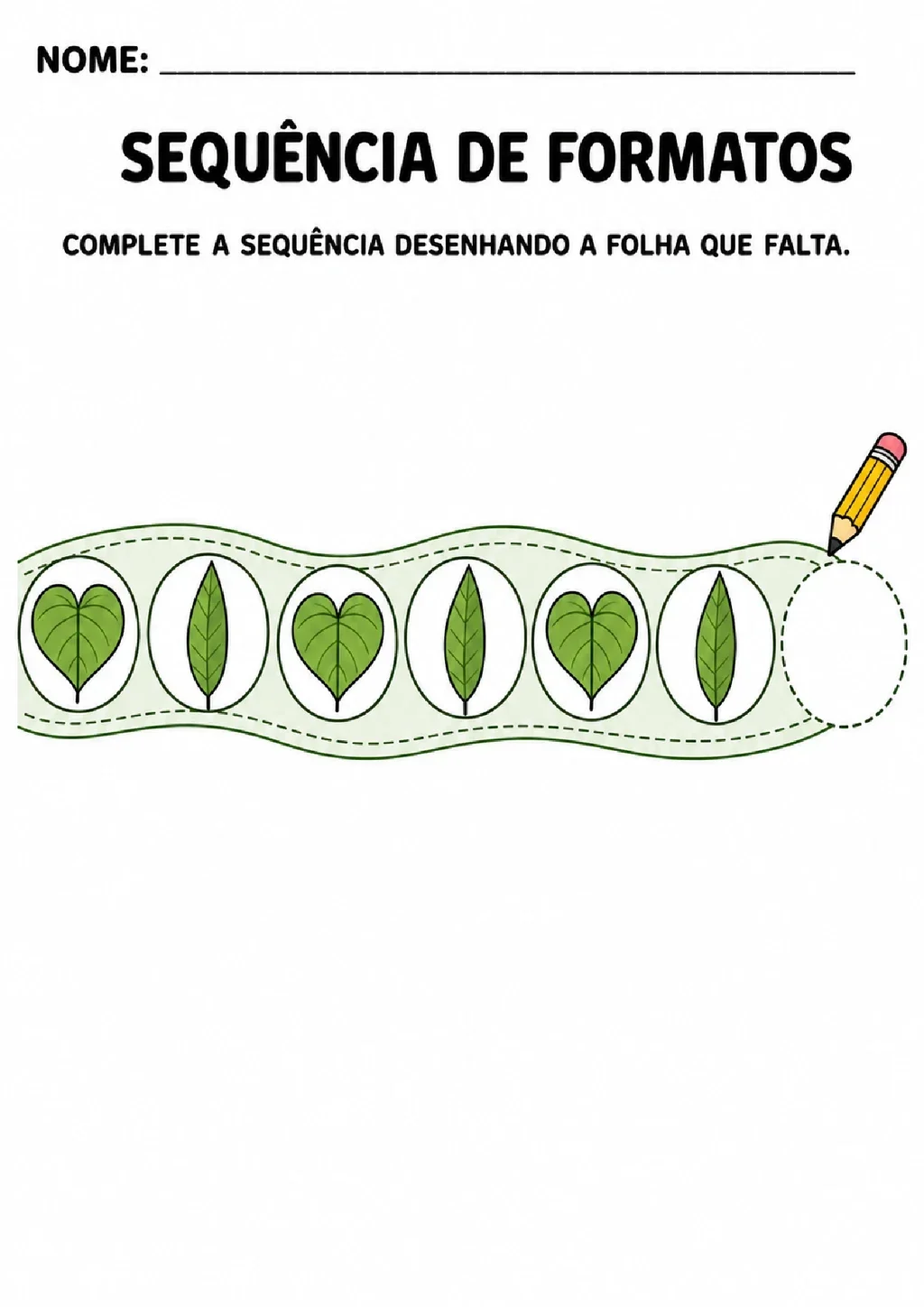 Atividade de sequência com folhas arredondadas e alongadas para desenhar a folha que falta.
