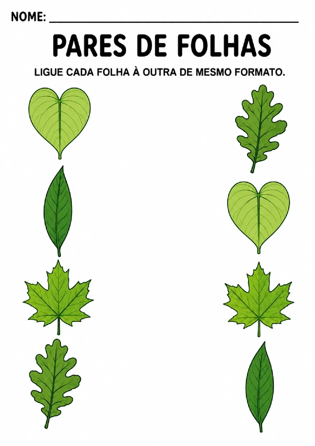 Atividade para ligar pares de folhas com o mesmo formato, incluindo folhas de coração, carvalho e bordo.