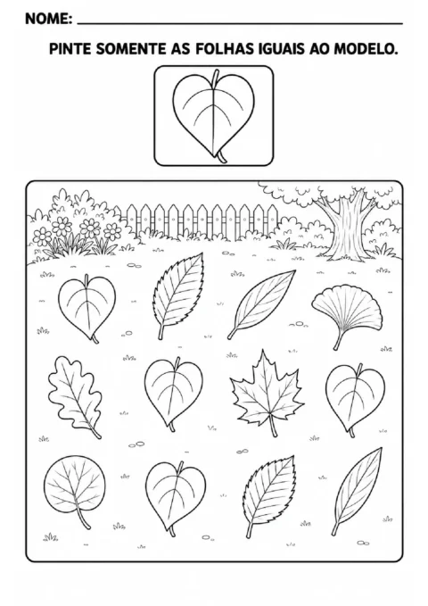 Atividade para pintar apenas as folhas iguais ao modelo indicado entre várias folhas