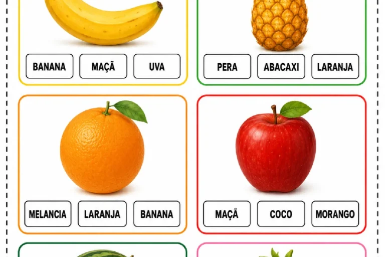 Atividade para observar a casca de seis frutas e circular o nome correto entre as opções.