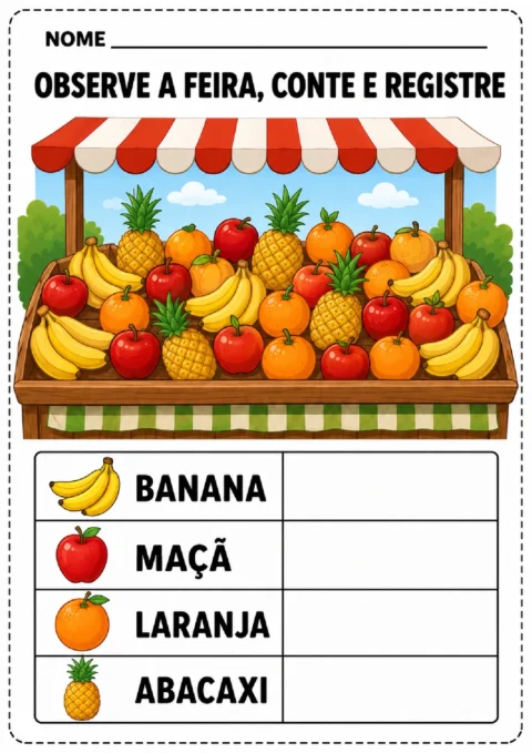 Atividade para observar a banca da feira, contar bananas, maçãs, laranjas e abacaxis e registrar as quantidades.
