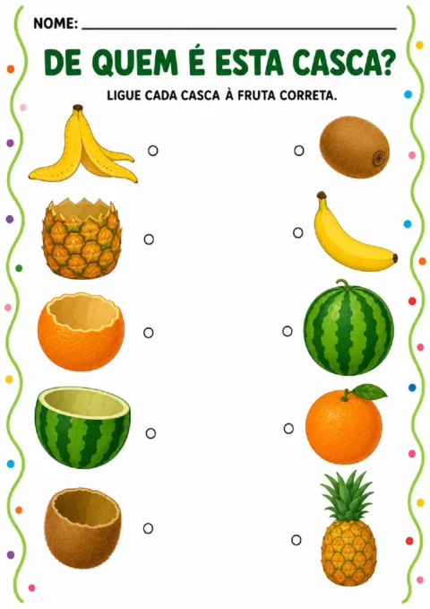 Atividade para ligar cada casca de banana, abacaxi, laranja, melancia e kiwi à fruta correspondente.