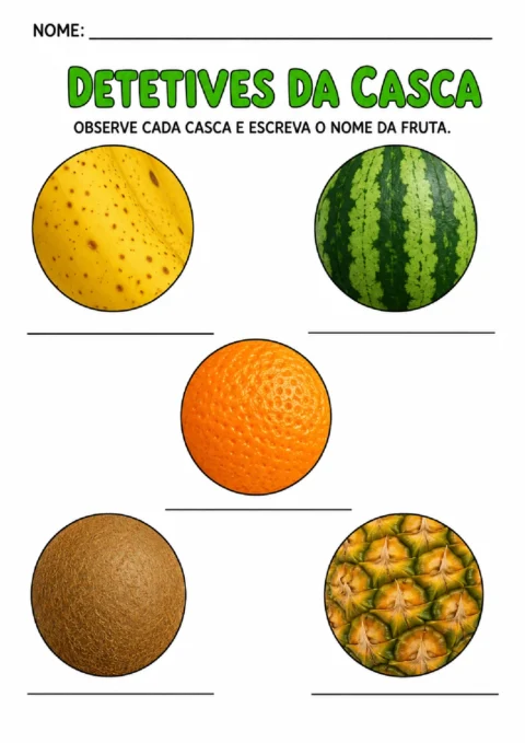 Atividade para observar cascas e escrever os nomes de batata, melancia, laranja, kiwi e abacaxi.