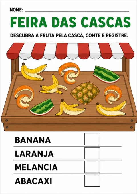Atividade Feira das Cascas para contar cascas de frutas e registrar as quantidades de banana, laranja, melancia e abacaxi.