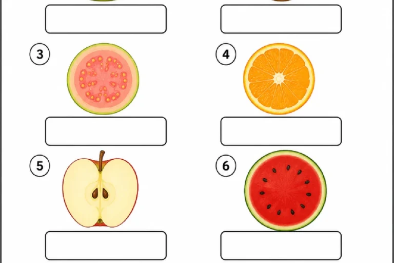 Atividade com imagens do interior de mamão, kiwi, goiaba, laranja, maçã e melancia para escrever os nomes das frutas e circular as sementes grandes.