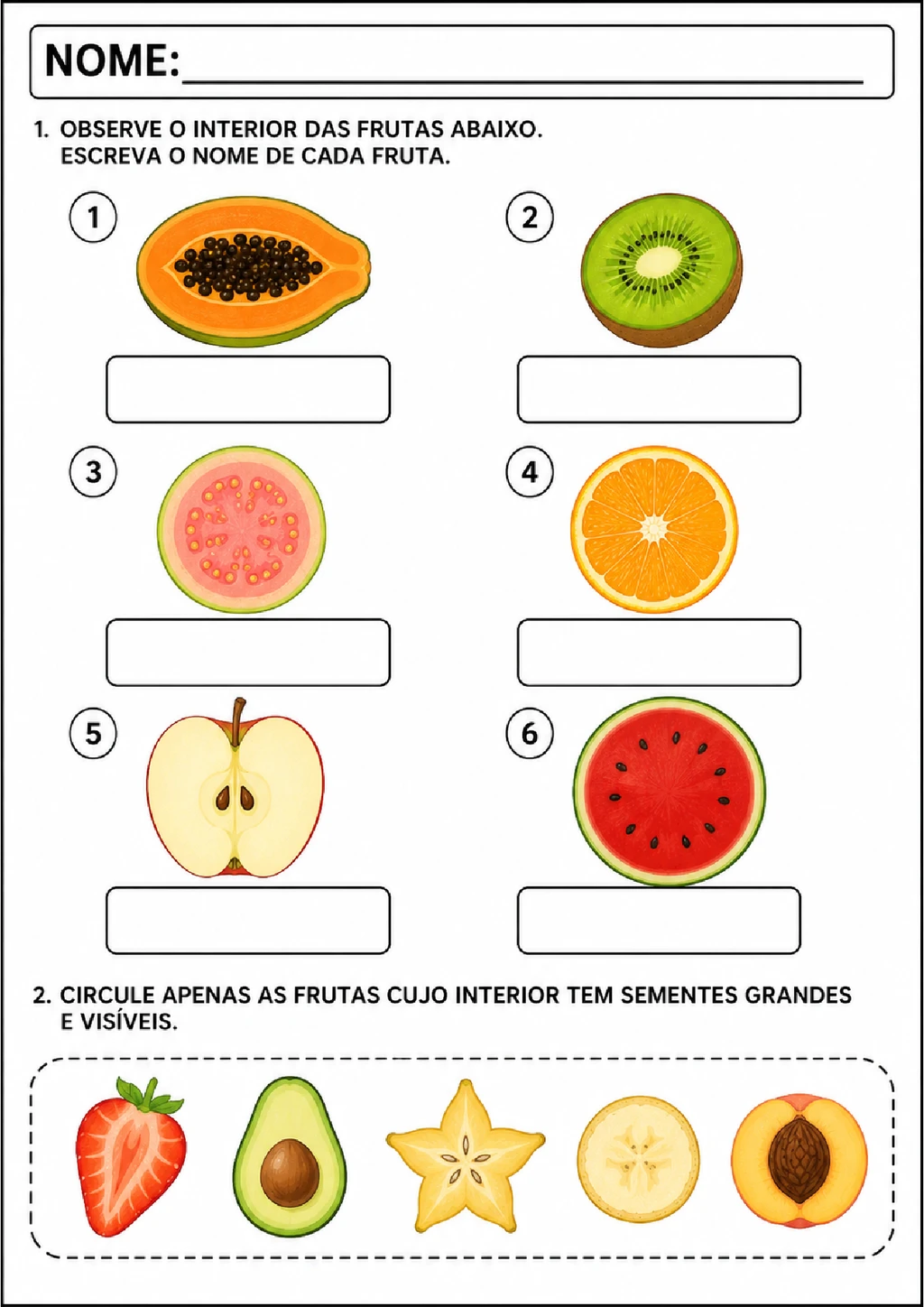 Atividades com interiores de frutas para alfabetização
