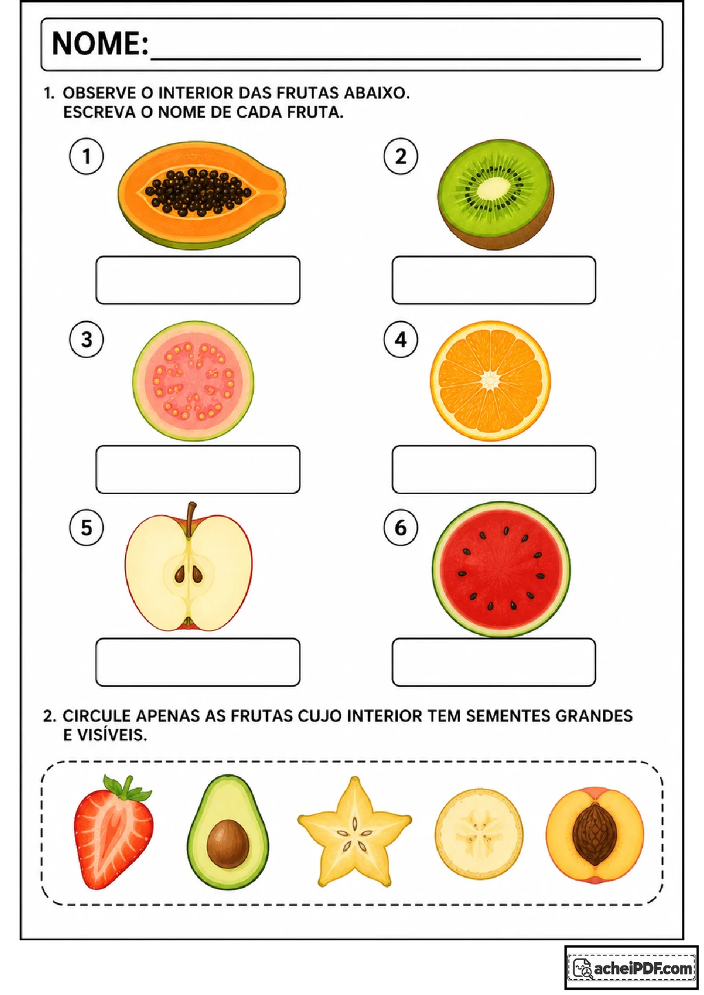 Atividades com interiores de frutas para alfabetização