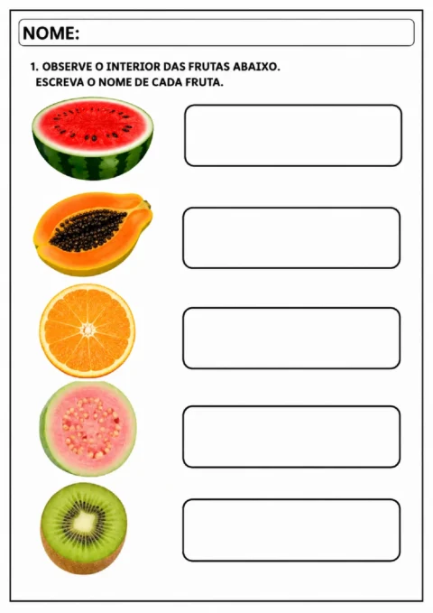 Atividade para observar o interior de melancia, mamão, laranja, goiaba e kiwi e escrever seus nomes.