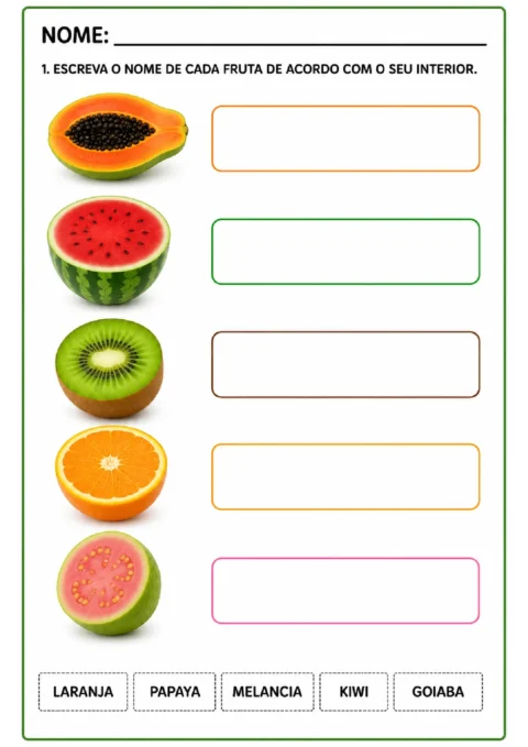 Atividade para escrever os nomes de mamão, melancia, kiwi, laranja e goiaba a partir do interior das frutas.