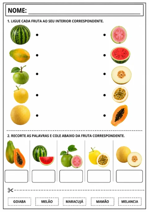 Atividade de ligar frutas ao interior correspondente e recortar palavras para colar sob cada fruta.