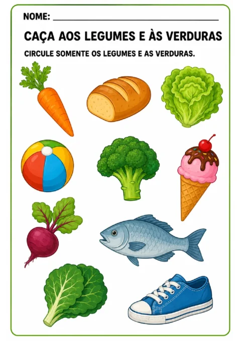 Atividade para circular os legumes e as verduras entre cenoura, pão, alface, brinquedos e outros itens.