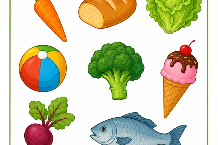 Atividade para circular os legumes e as verduras entre cenoura, pão, alface, brinquedos e outros itens.