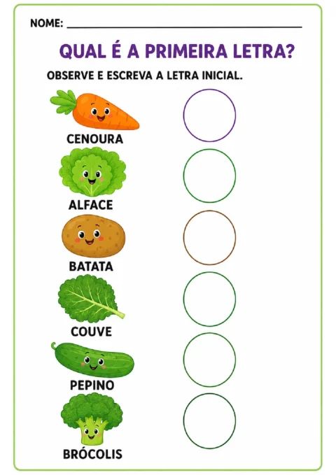 Atividade para escrever a letra inicial de cenoura, alface, batata, couve, pepino e brócolis.