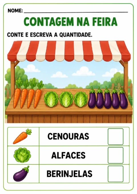 Atividade de contagem na feira com cenouras, alfaces e berinjelas para registrar quantidades.