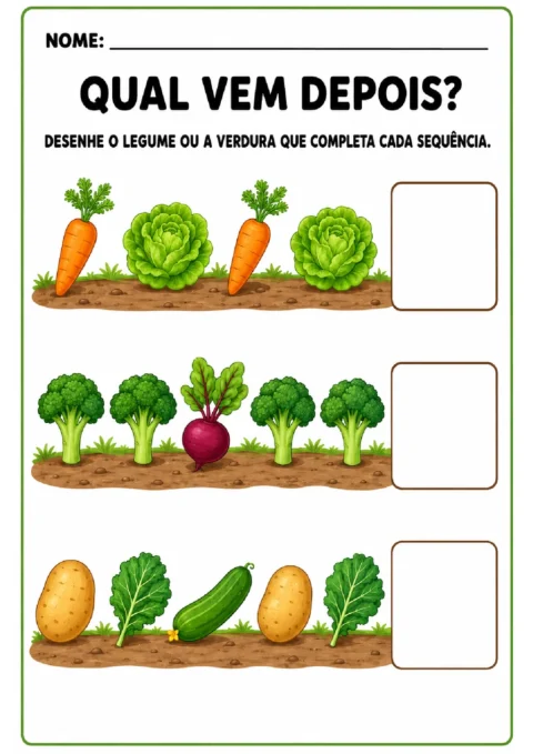 Atividade de sequência com legumes e verduras para desenhar o próximo elemento em cada linha.