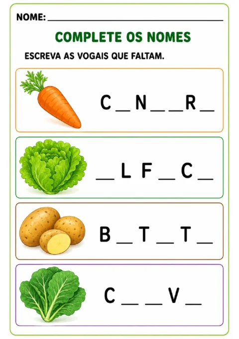 Atividade para completar com vogais os nomes cenoura, alface, batata e couve.