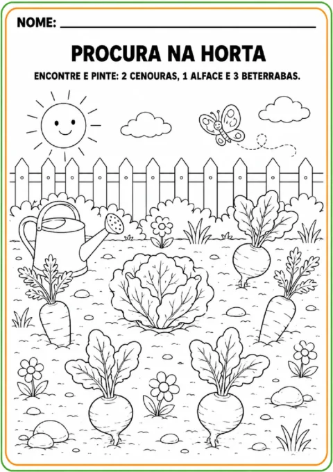 Atividade Procurar na Horta para encontrar e pintar 2 cenouras, 1 alface e 3 beterrabas.