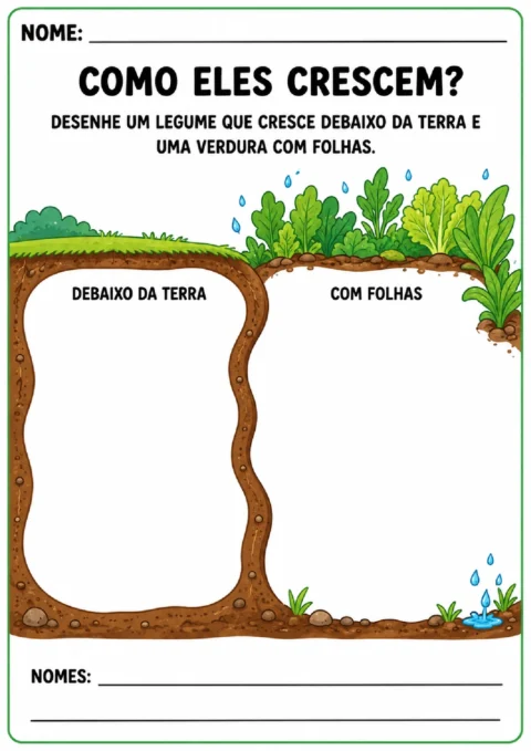 Atividade Como Eles Crescem para desenhar um legume que cresce debaixo da terra e uma verdura com folhas.