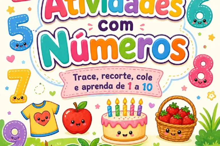 Capa colorida do livro infantil Atividades com Números, com números de 1 a 10 e ilustrações divertidas.