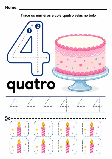 Atividade do número 4 com bolo, traçado pontilhado e oito velas destacáveis para colar.