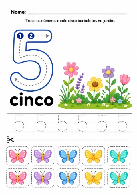 Atividade do número 5 com jardim florido, traçado pontilhado e dez borboletas para recortar.