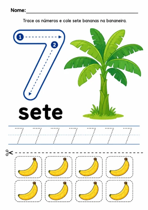 Atividade do número 7 com bananeira, traçado pontilhado e oito bananas destacáveis para colar.