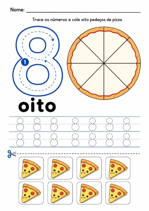 Atividade para traçar o número 8 e colar oito fatias de pizza em uma pizza dividida em partes.