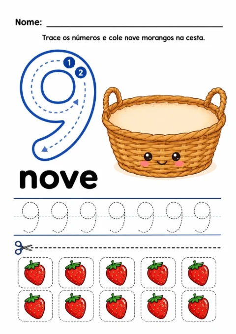 Atividade para traçar o número 9 e colar nove morangos na cesta ilustrada.