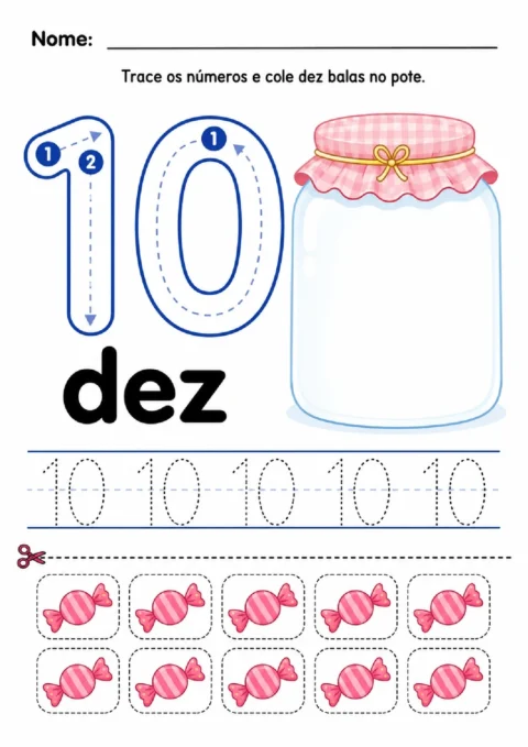 Atividade para traçar o número 10 e colar dez balas no pote ilustrado.