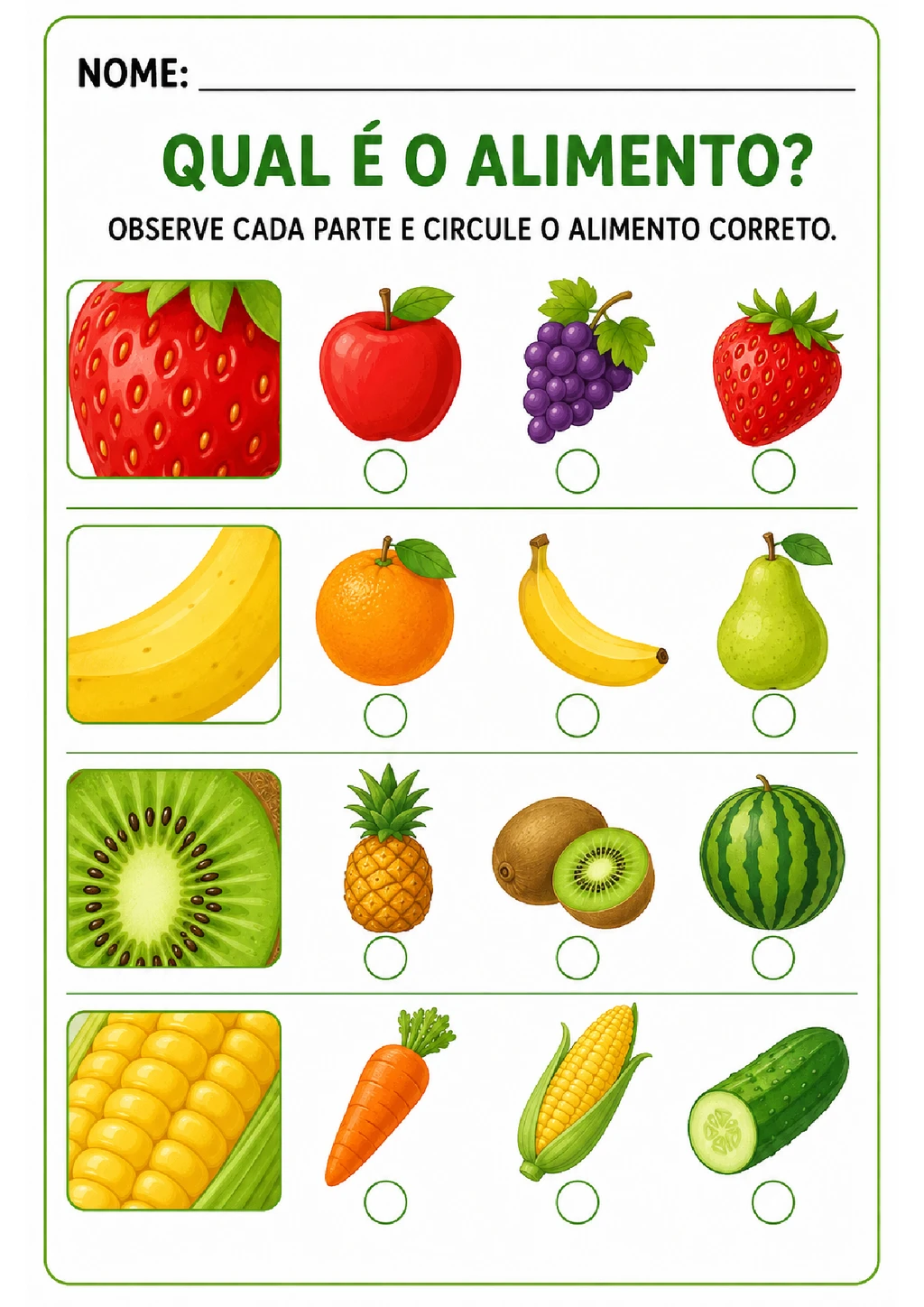 Atividades com partes dos alimentos para imprimir