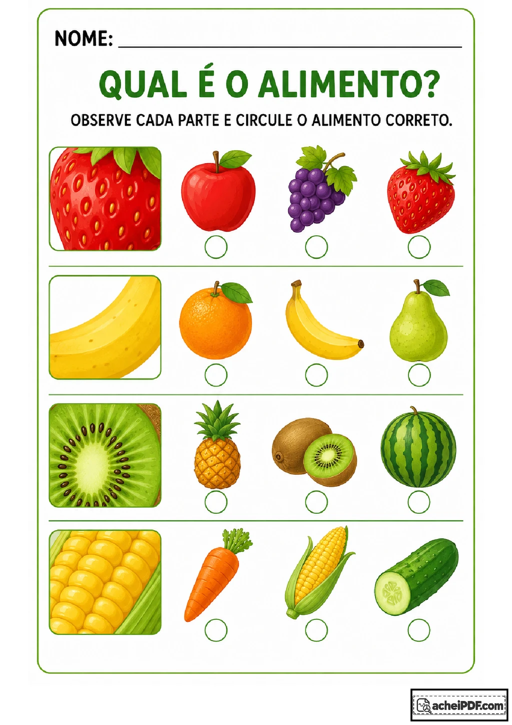 Atividades com partes dos alimentos para imprimir