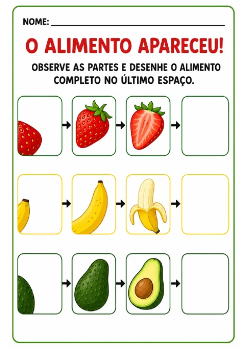 Atividade para observar partes de morango, banana e abacate e desenhar cada alimento completo.