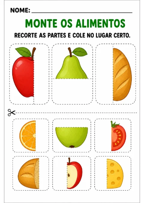 Atividade para recortar metades de alimentos e colá-las nos espaços correspondentes.